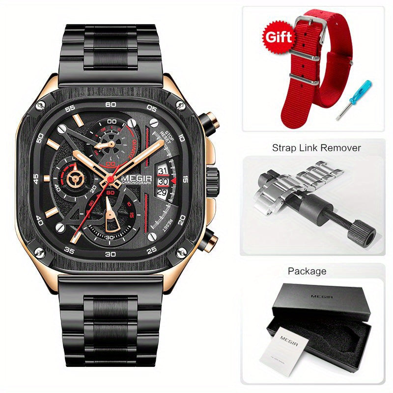 MEGIR Herren-Quarzuhr mit quadratischem Zifferblatt und 3 ATM Chronograph