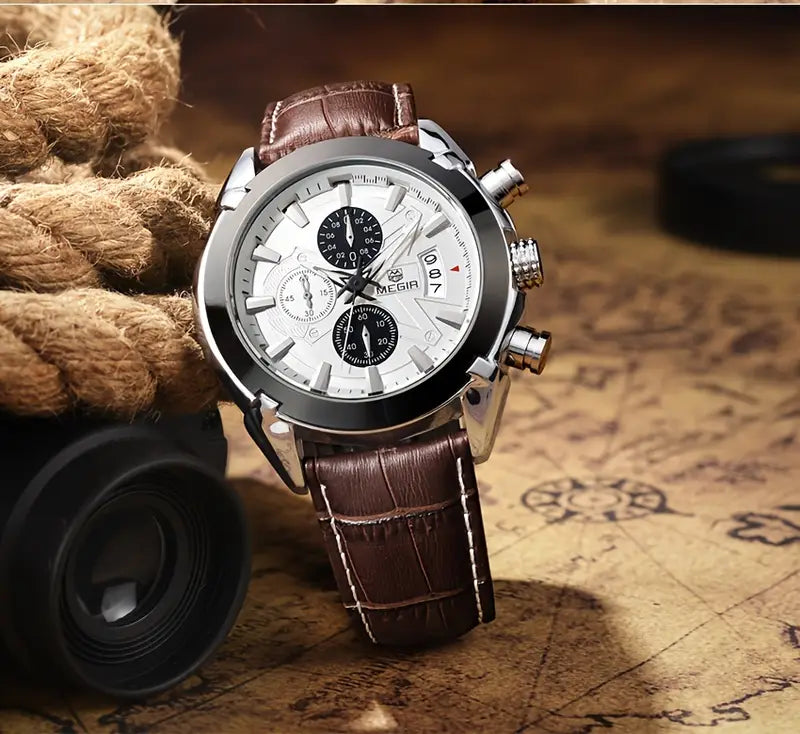 MEGIR 220G Men’s Chronograph Watch with Japanese Movement and Leather Strap