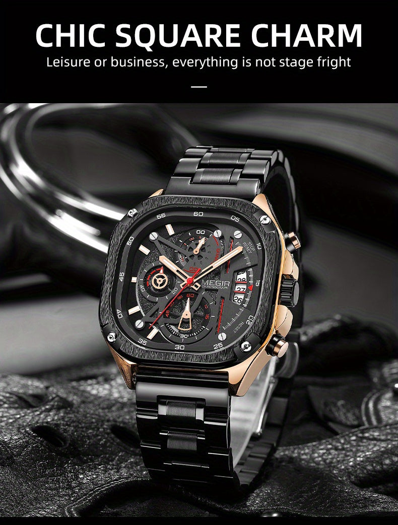 MEGIR Herren-Quarzuhr mit quadratischem Zifferblatt und 3 ATM Chronograph