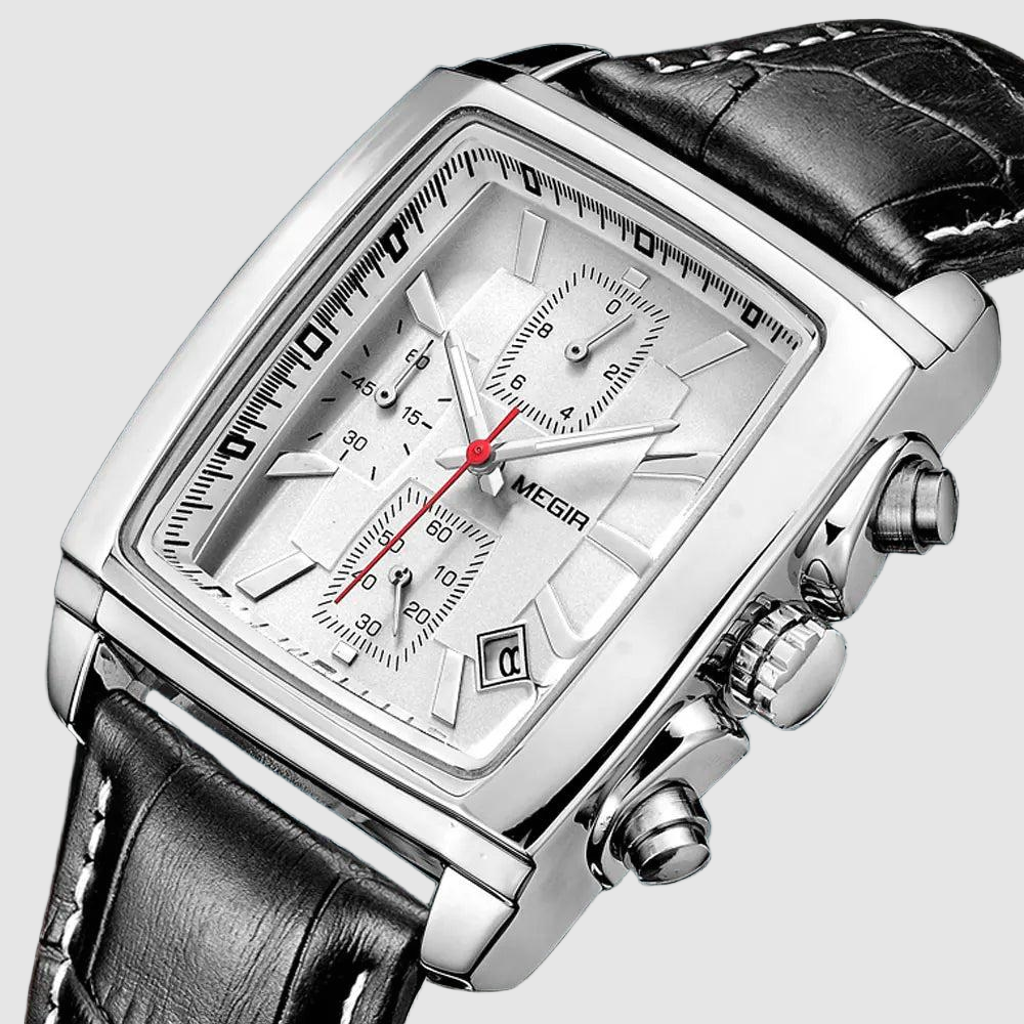 Megir Men's Watch – Rectangular Case Chronograph with Leather Strap