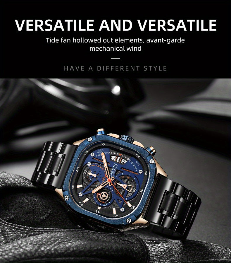 MEGIR Herren-Quarzuhr mit quadratischem Zifferblatt und 3 ATM Chronograph