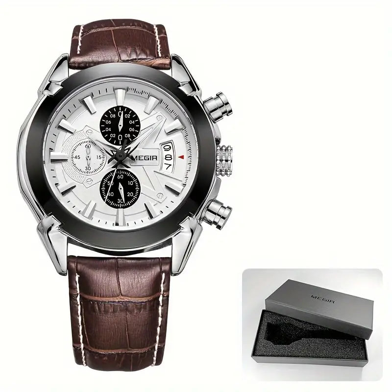 MEGIR 220G Men’s Chronograph Watch with Japanese Movement and Leather Strap