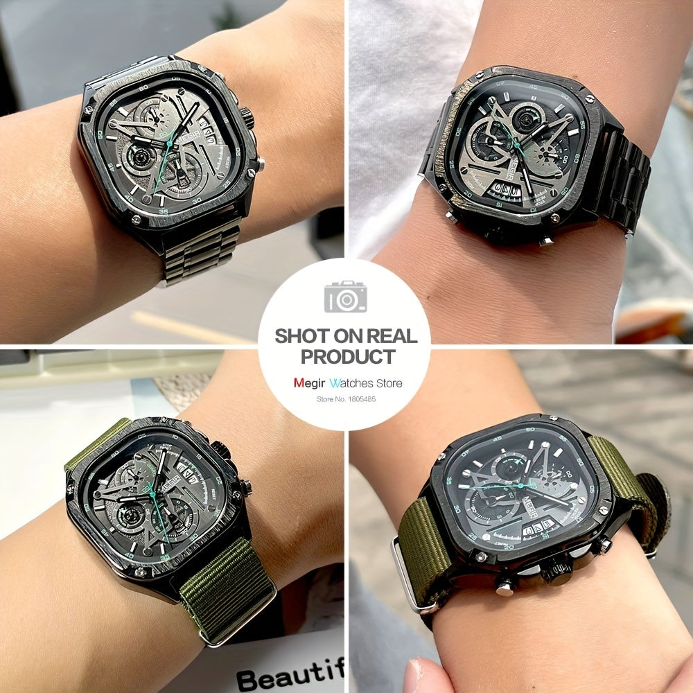 MEGIR Herren-Quarzuhr mit quadratischem Zifferblatt und 3 ATM Chronograph
