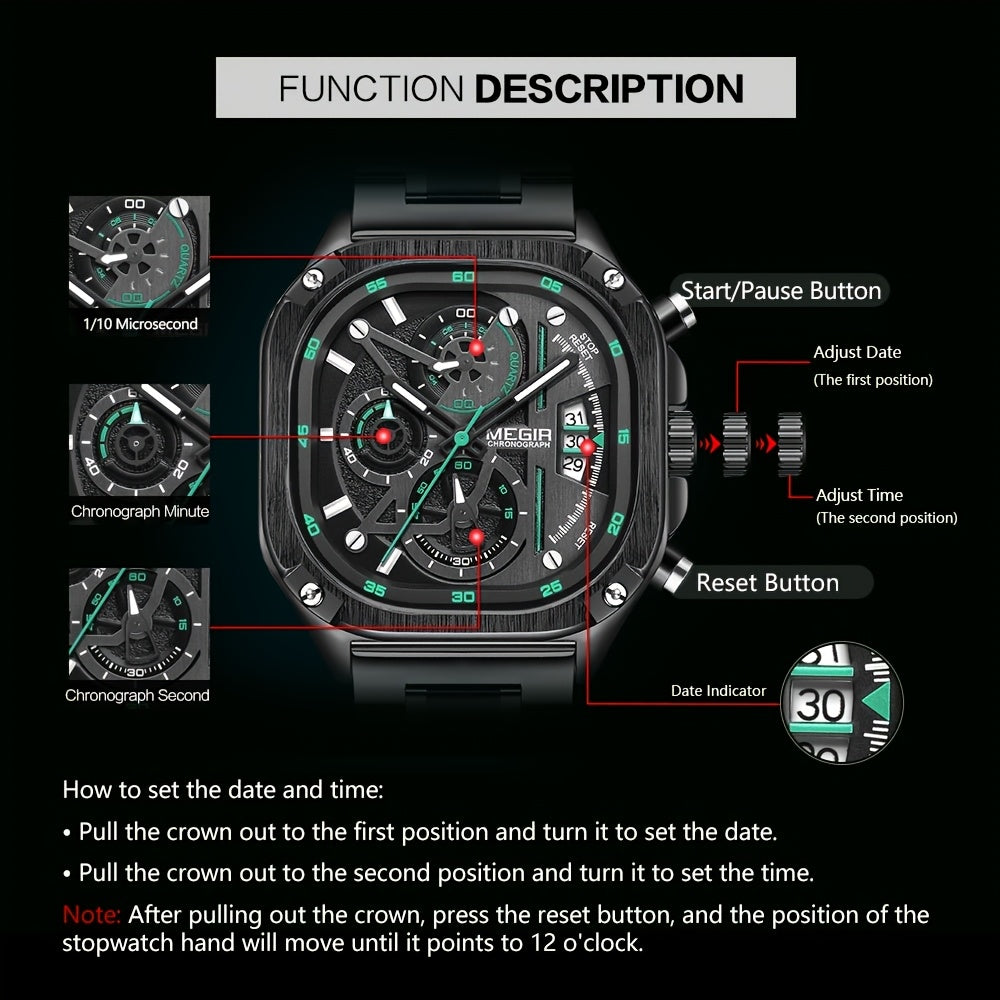 MEGIR Herren-Quarzuhr mit quadratischem Zifferblatt und 3 ATM Chronograph