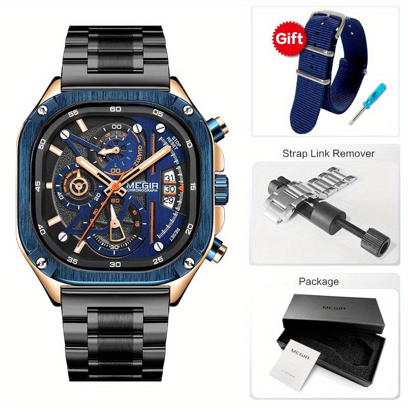 MEGIR Herren-Quarzuhr mit quadratischem Zifferblatt und 3 ATM Chronograph
