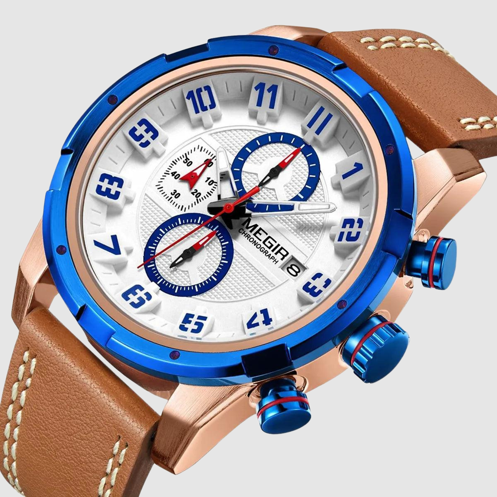 MEGIR Men’s Military Watch with Chronograph, Leather Strap, and Water Resistance