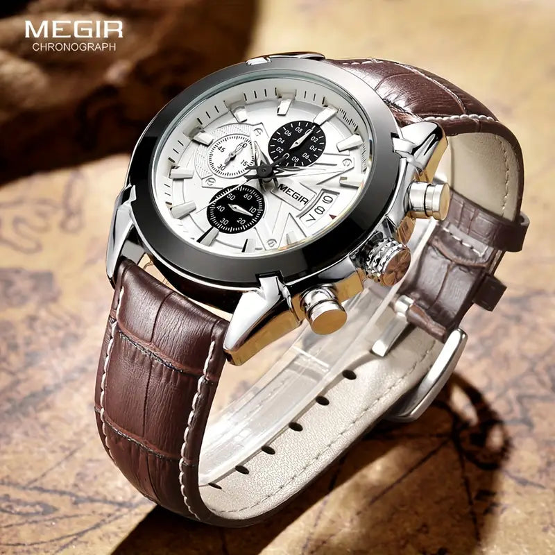 MEGIR 220G Men’s Chronograph Watch with Japanese Movement and Leather Strap