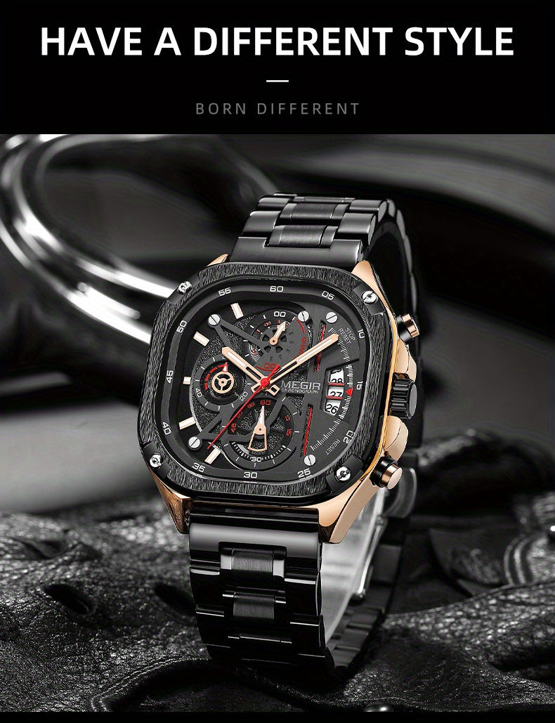 MEGIR Herren-Quarzuhr mit quadratischem Zifferblatt und 3 ATM Chronograph