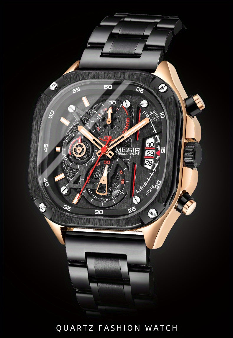 MEGIR Herren-Quarzuhr mit quadratischem Zifferblatt und 3 ATM Chronograph