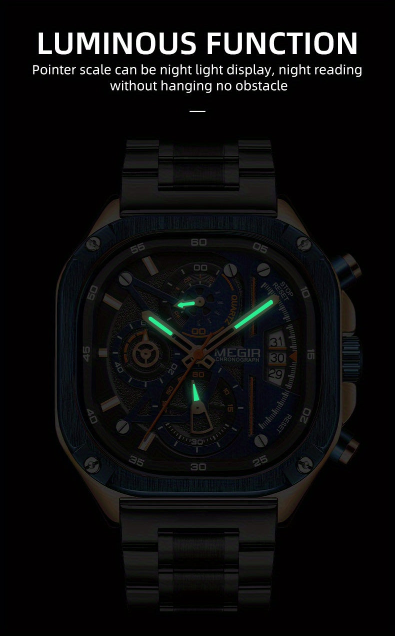 MEGIR Herren-Quarzuhr mit quadratischem Zifferblatt und 3 ATM Chronograph