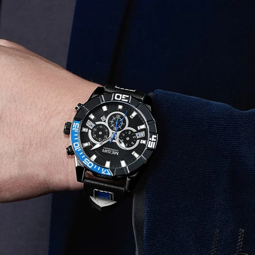 MEGIR Men’s Watch – Waterproof Sport Chronograph with Leather Strap