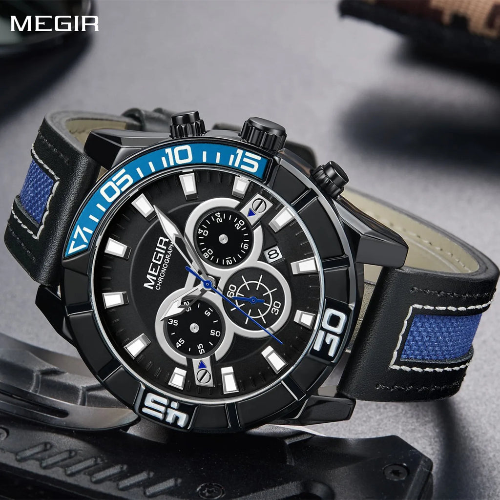 MEGIR Men’s Watch – Waterproof Sport Chronograph with Leather Strap