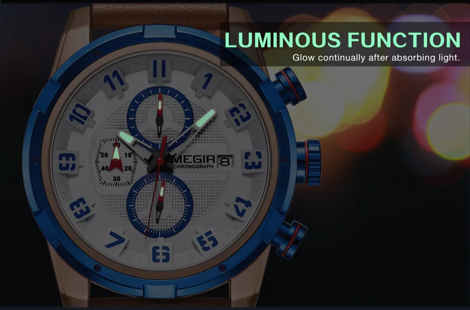 MEGIR Men’s Military Watch with Chronograph, Leather Strap, and Water Resistance