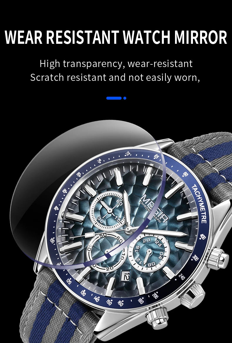 MEGIR Sport Watch for Men Chronograph Quartz Wristwatch with Honeycomb Texture Dial Canvas Band Date Decorative Tachymeter Bezel