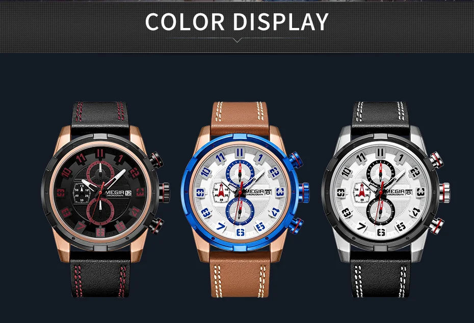 MEGIR Men’s Military Watch with Chronograph, Leather Strap, and Water Resistance