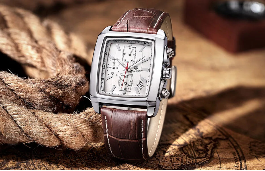 Megir Men's Watch – Rectangular Case Chronograph with Leather Strap