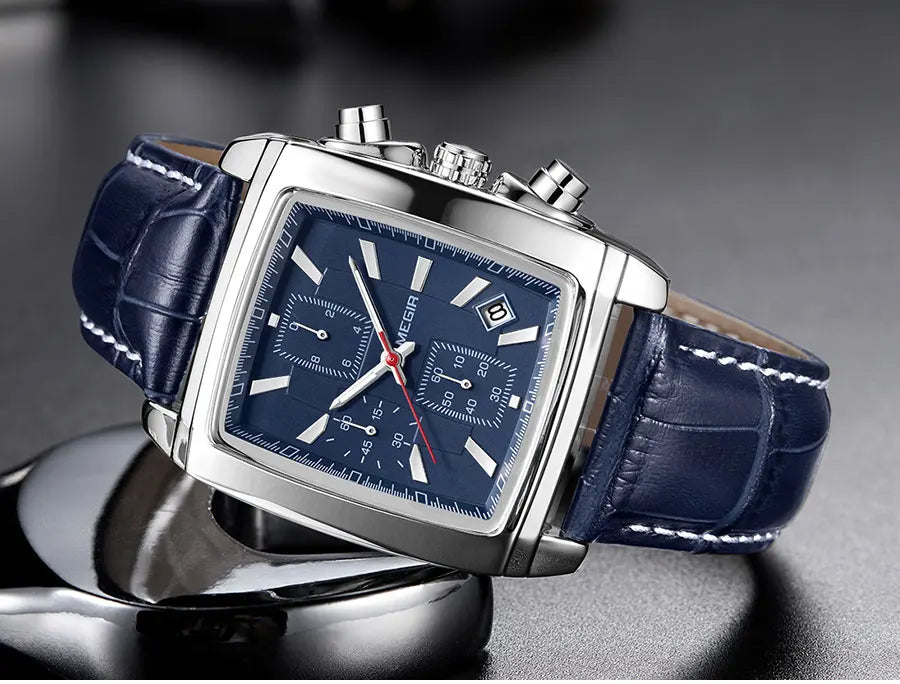 Megir Men's Watch – Rectangular Case Chronograph with Leather Strap
