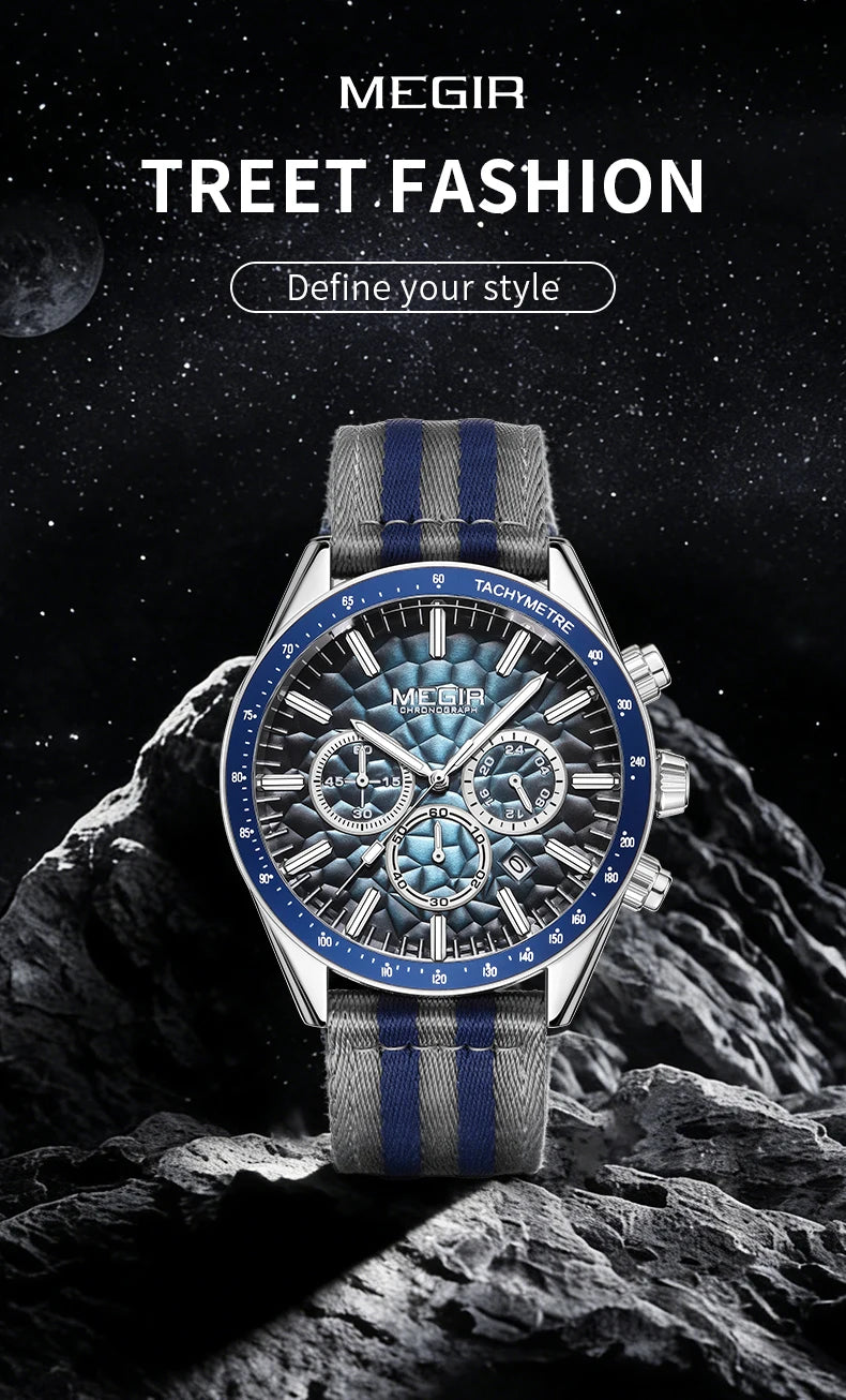 MEGIR Sport Watch for Men Chronograph Quartz Wristwatch with Honeycomb Texture Dial Canvas Band Date Decorative Tachymeter Bezel
