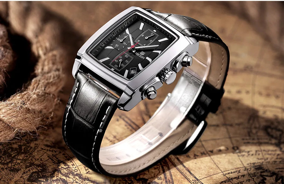 Megir Men's Watch – Rectangular Case Chronograph with Leather Strap