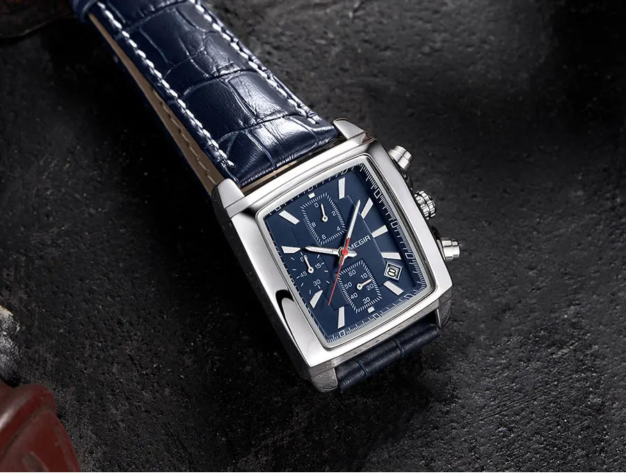Megir Men's Watch – Rectangular Case Chronograph with Leather Strap