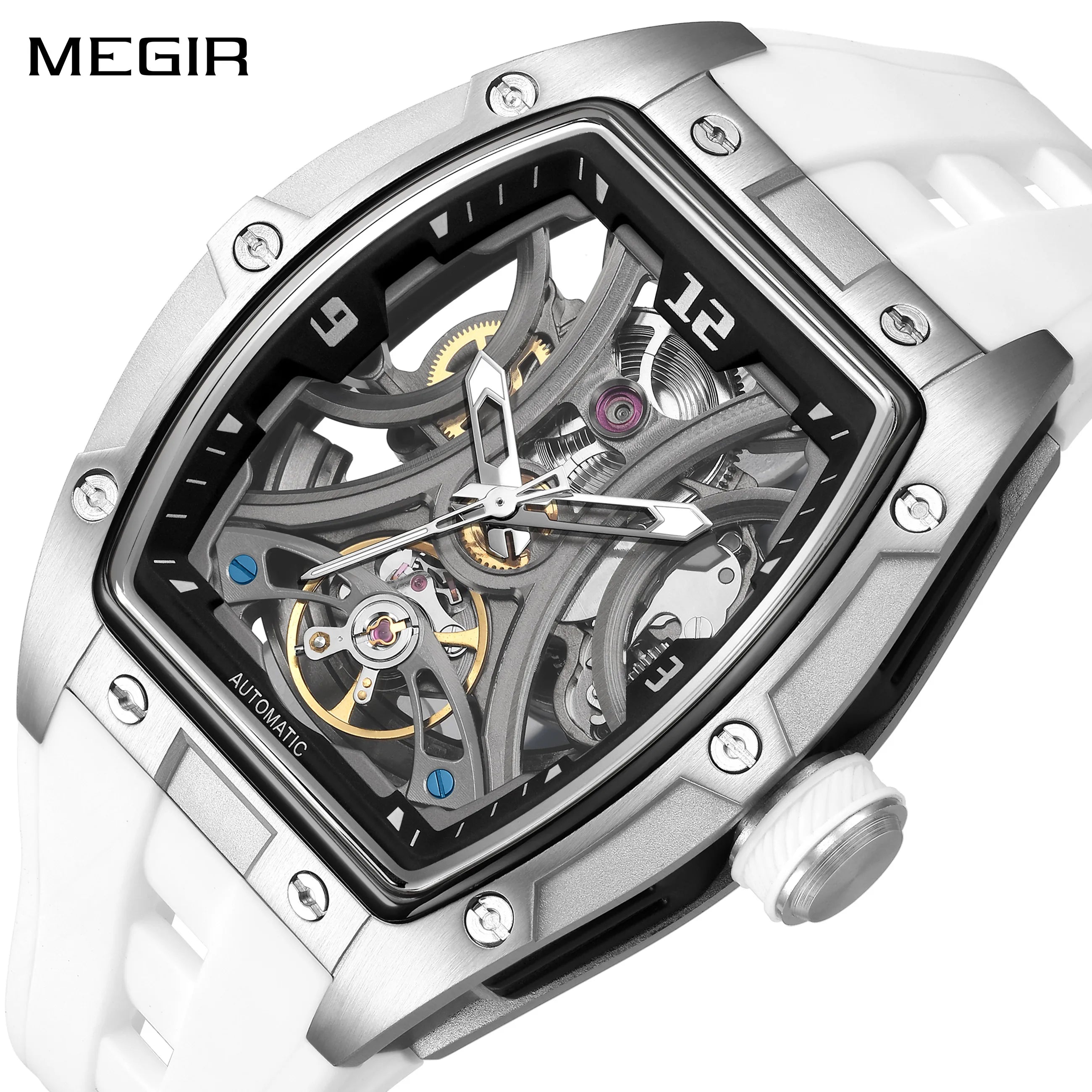 Megir Automatic Sport Steel Watch – Skeleton Dial – 3 ATM Water Resistance