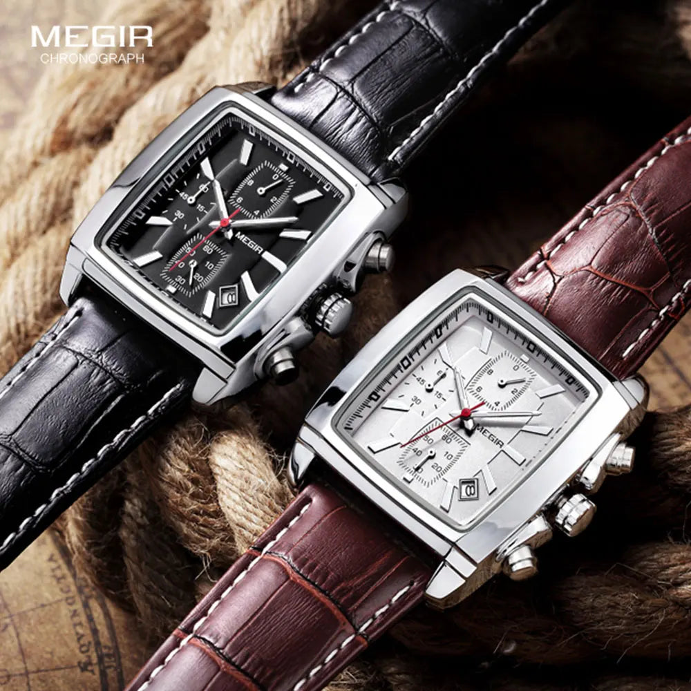 Megir Men's Watch – Rectangular Case Chronograph with Leather Strap