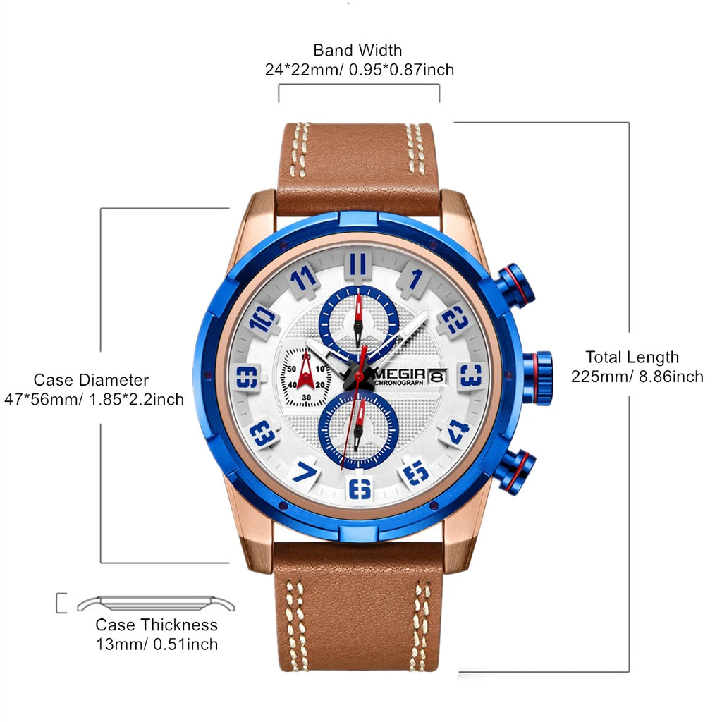 MEGIR Men’s Military Watch with Chronograph, Leather Strap, and Water Resistance