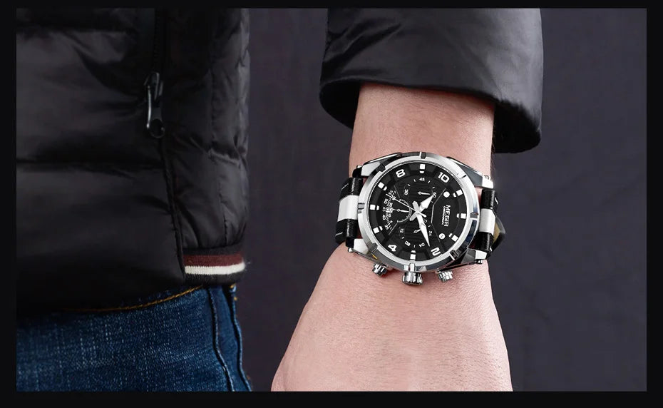 MEGIR Men’s Wrist 2076 Watch – Chronograph with Leather Strap