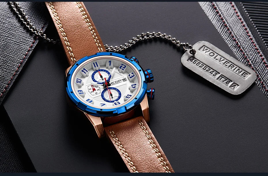 MEGIR Men’s Military Watch with Chronograph, Leather Strap, and Water Resistance