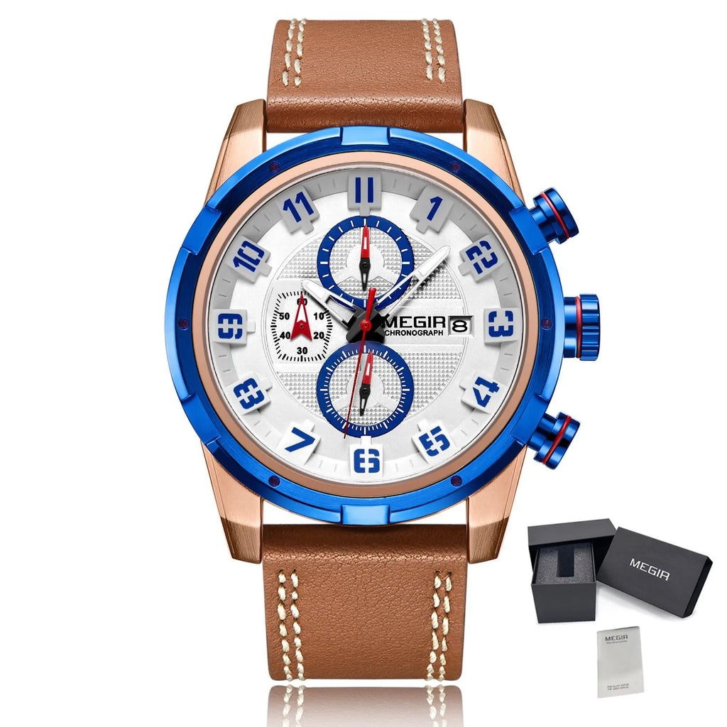 MEGIR Men’s Military Watch with Chronograph, Leather Strap, and Water Resistance