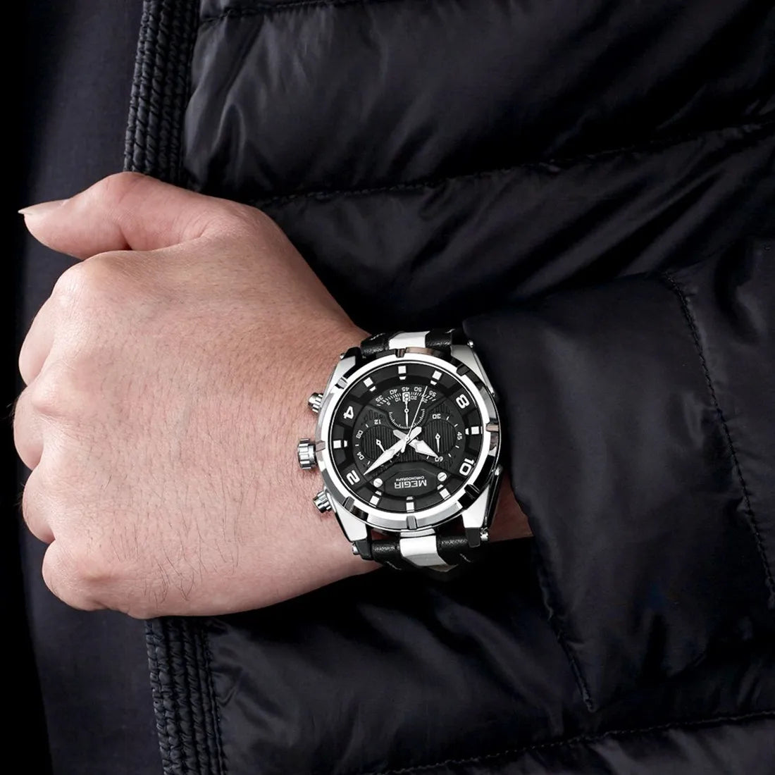 MEGIR Men’s Wrist 2076 Watch – Chronograph with Leather Strap