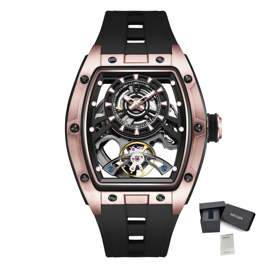 MEGIR Herren-Automatik-Sportuhr mit Hardlex-Glas und Skelett-Design
