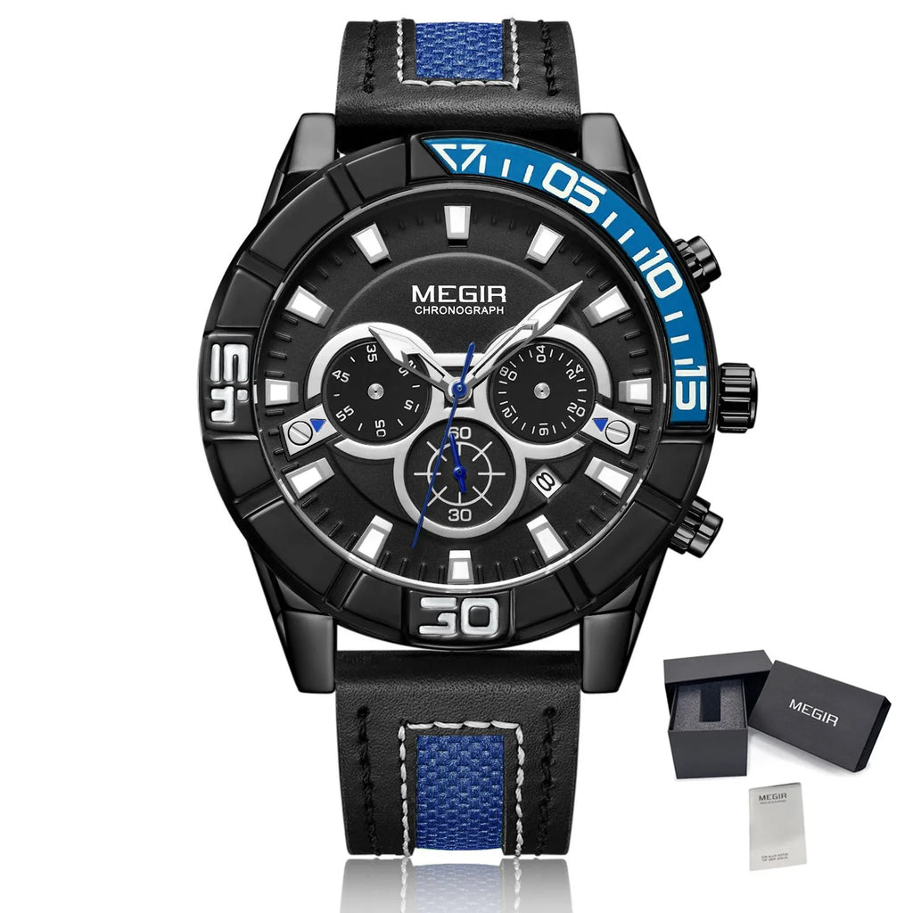 MEGIR Men’s Watch – Waterproof Sport Chronograph with Leather Strap