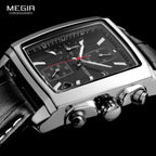 Megir Men's Watch – Rectangular Case Chronograph with Leather Strap