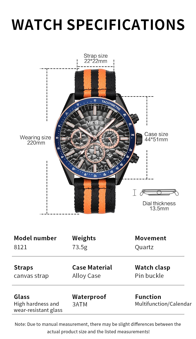 MEGIR Sport Watch for Men Chronograph Quartz Wristwatch with Honeycomb Texture Dial Canvas Band Date Decorative Tachymeter Bezel