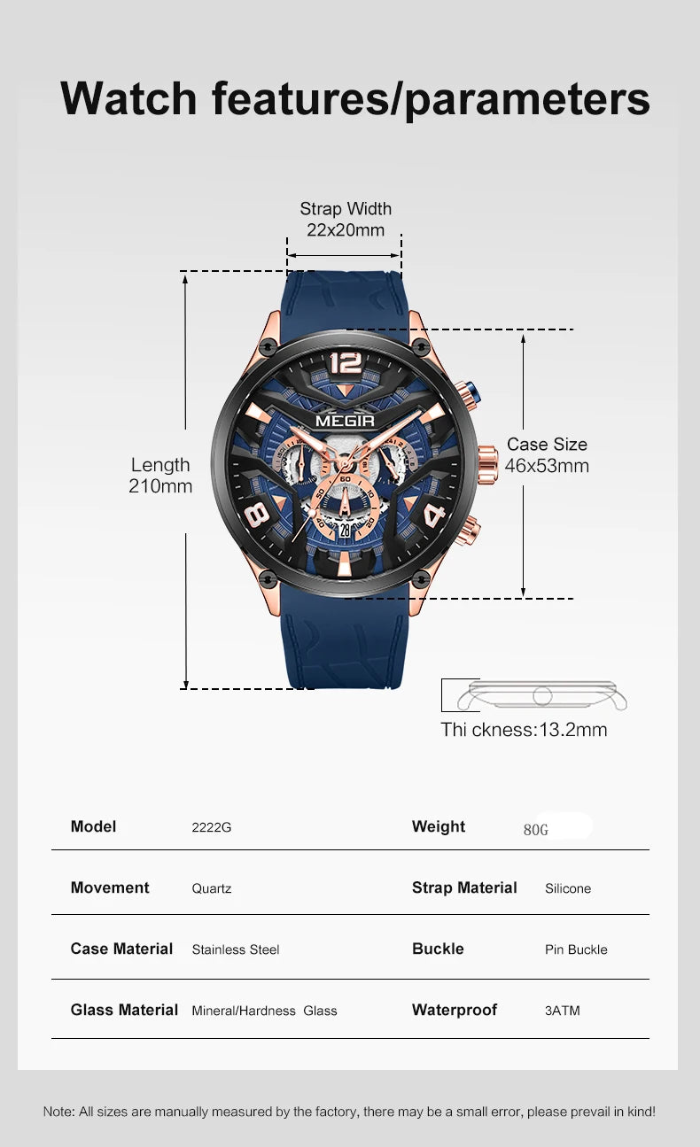 MEGIR – Men’s Military 2222 Quartz Watch with Chronograph and Silicone Strap