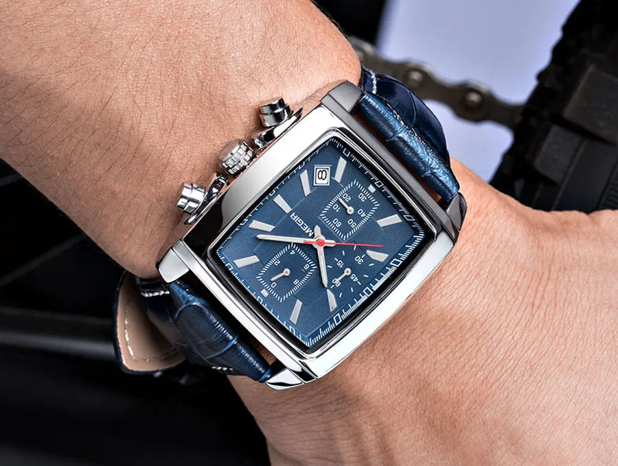 Megir Men's Watch – Rectangular Case Chronograph with Leather Strap