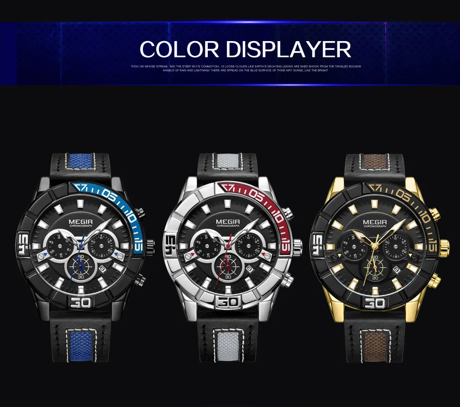 MEGIR Men’s Watch – Waterproof Sport Chronograph with Leather Strap