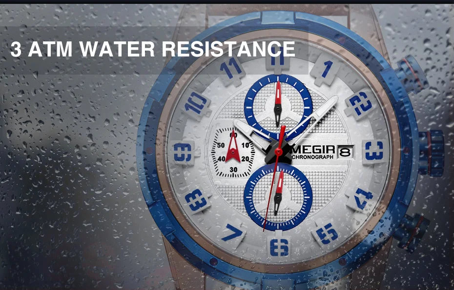 MEGIR Men’s Military Watch with Chronograph, Leather Strap, and Water Resistance