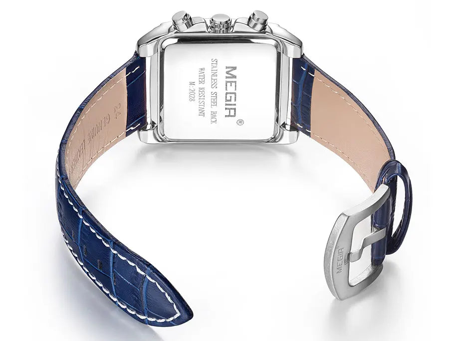 Megir Men's Watch – Rectangular Case Chronograph with Leather Strap