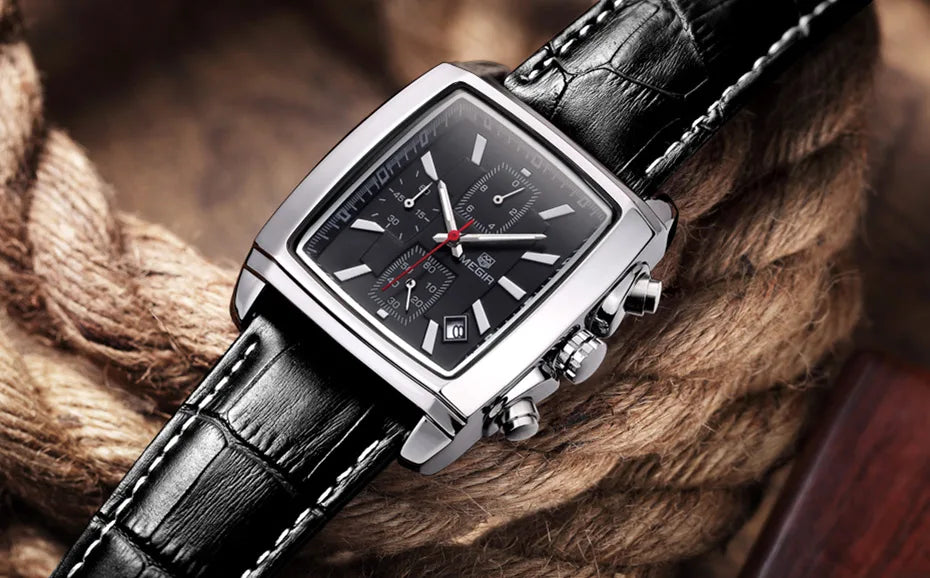 Megir Men's Watch – Rectangular Case Chronograph with Leather Strap