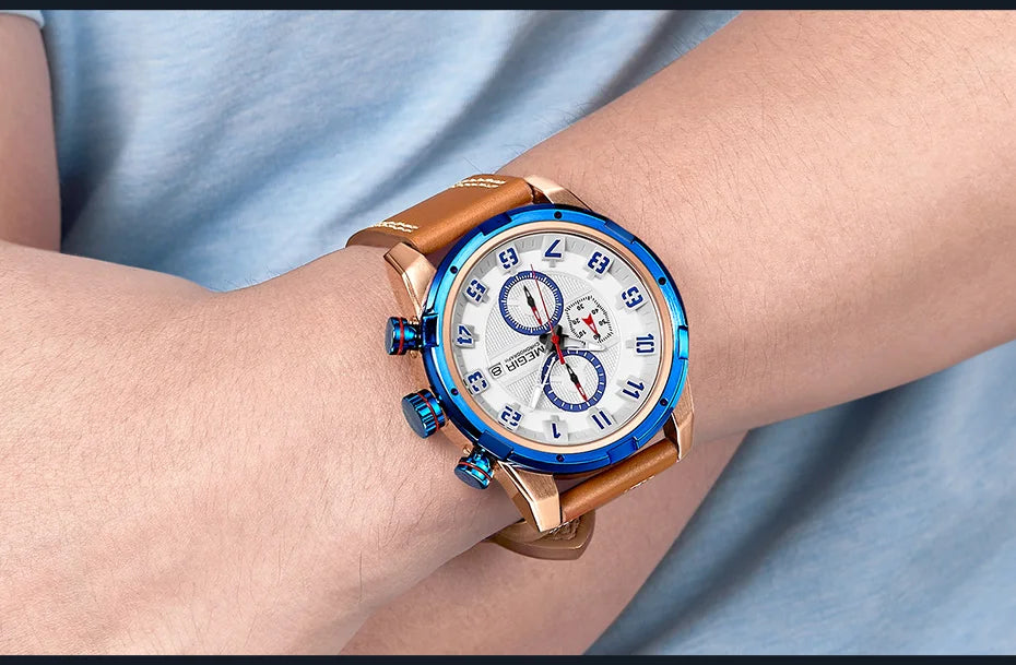 MEGIR Men’s Military Watch with Chronograph, Leather Strap, and Water Resistance