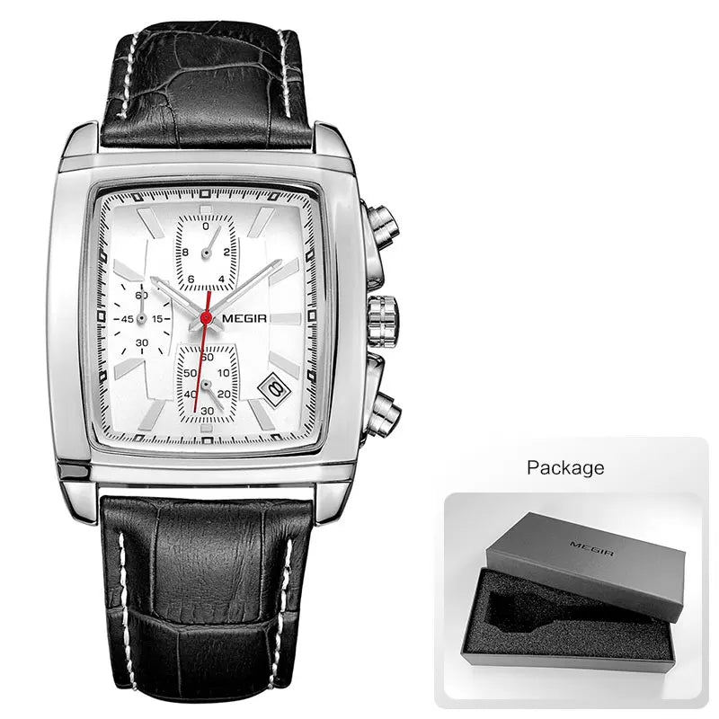 Megir Men's Watch – Rectangular Case Chronograph with Leather Strap