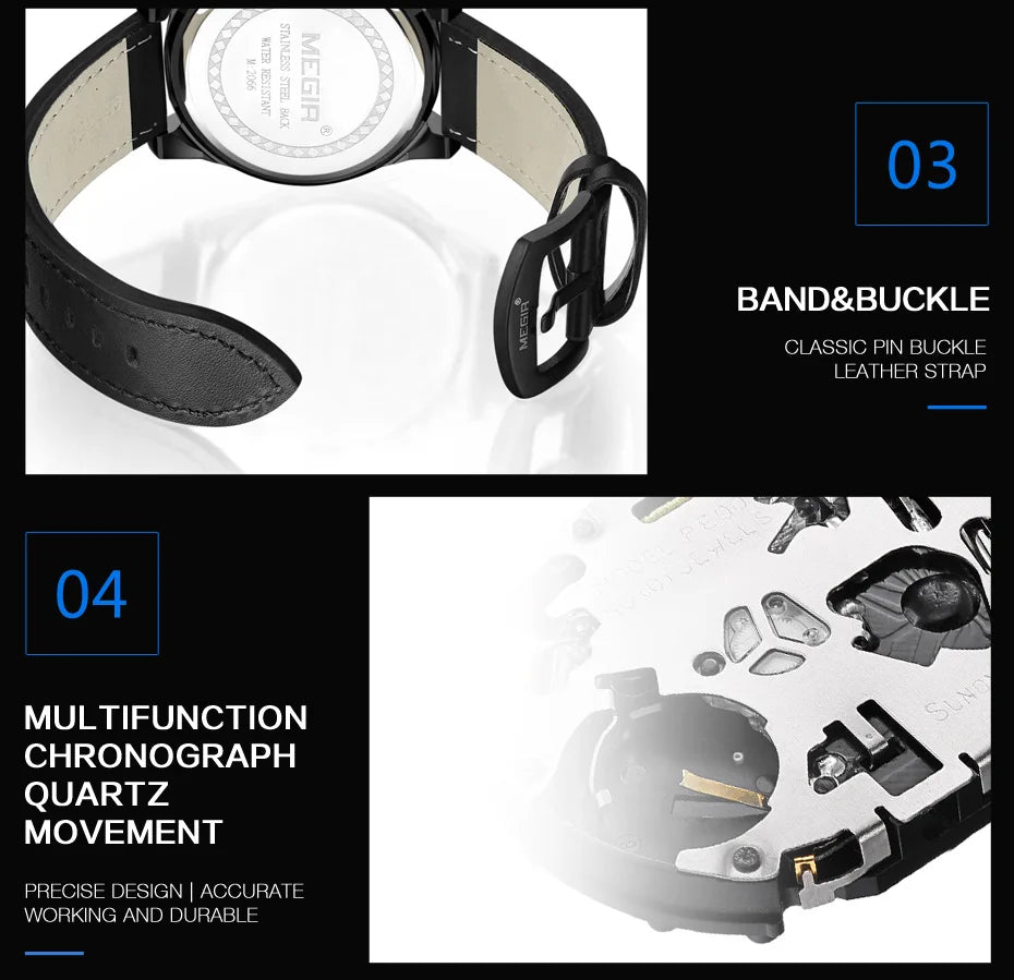 MEGIR Men’s Watch – Waterproof Sport Chronograph with Leather Strap