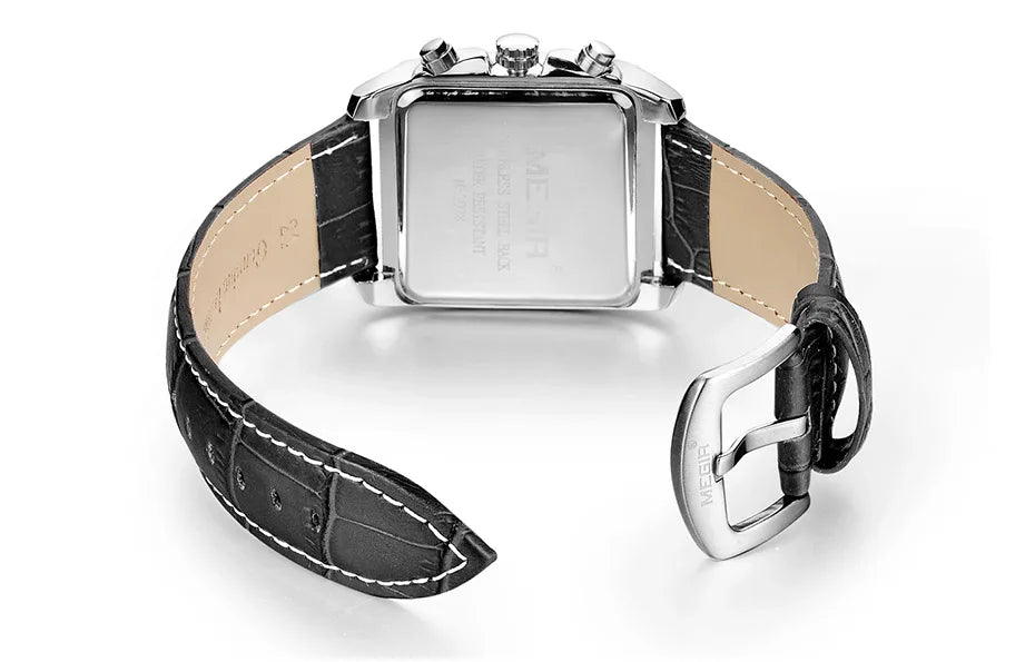 Megir Men's Watch – Rectangular Case Chronograph with Leather Strap