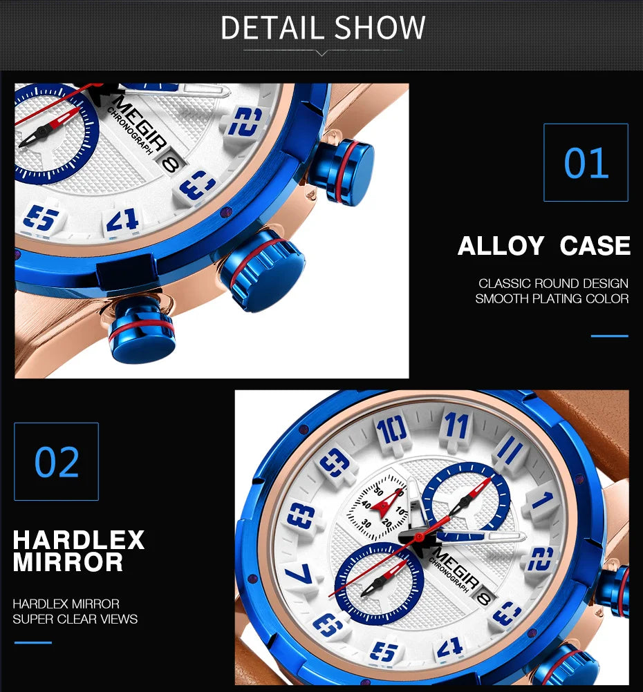 MEGIR Men’s Military Watch with Chronograph, Leather Strap, and Water Resistance