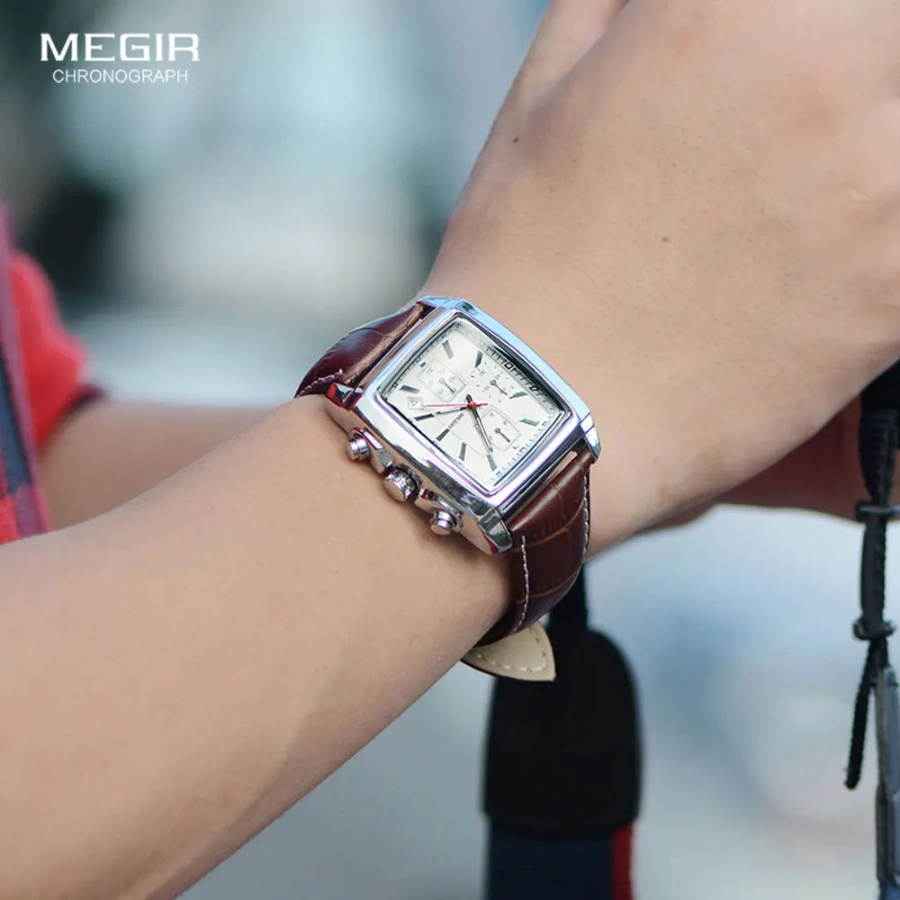 Megir Men's Watch – Rectangular Case Chronograph with Leather Strap