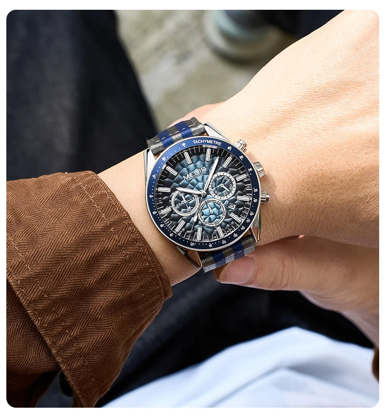 MEGIR Sport Watch for Men Chronograph Quartz Wristwatch with Honeycomb Texture Dial Canvas Band Date Decorative Tachymeter Bezel