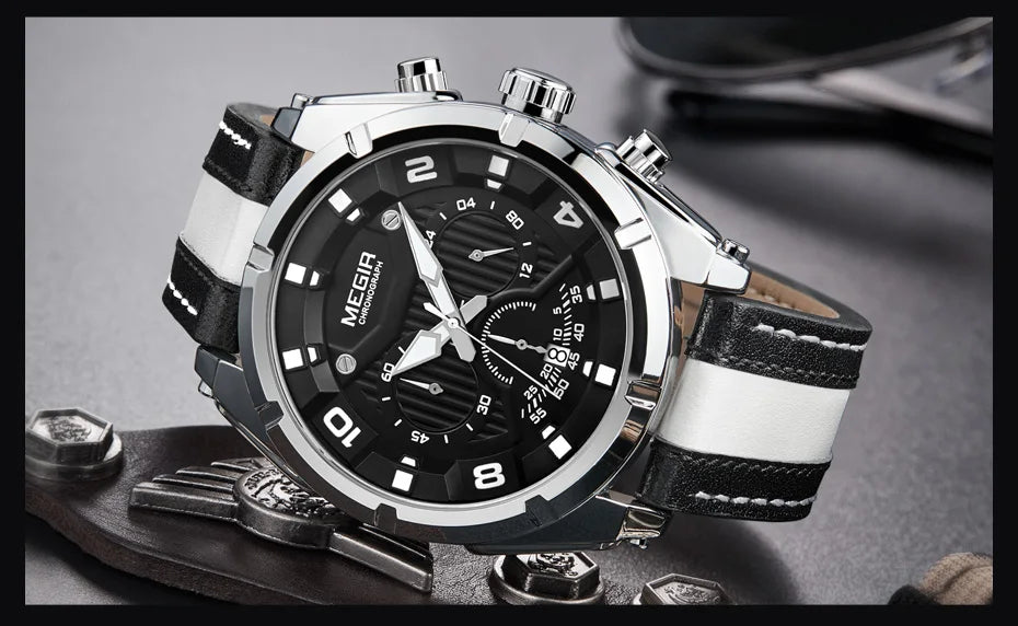 MEGIR Men’s Wrist 2076 Watch – Chronograph with Leather Strap