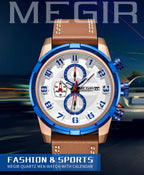MEGIR Men’s Military Watch with Chronograph, Leather Strap, and Water Resistance